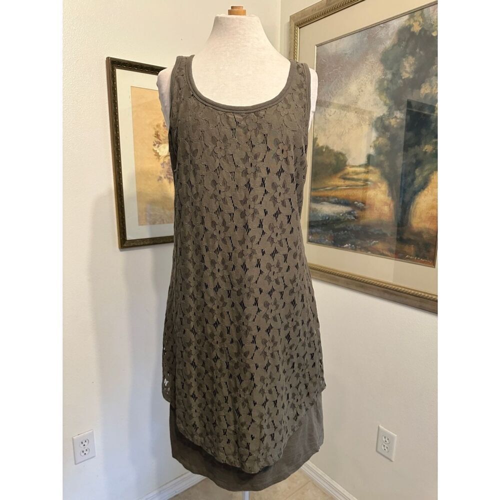 Tribal Dress - Olive Sleeveless Floral Lace Overlay Cotton Tank Size Large